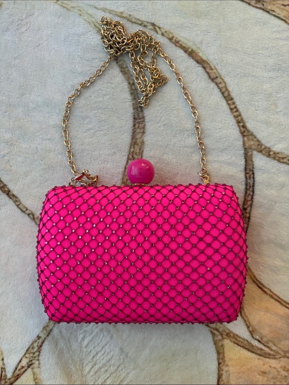 Source Unknown Hot Pink Crystal Net Evening Clutch with Gold Chain